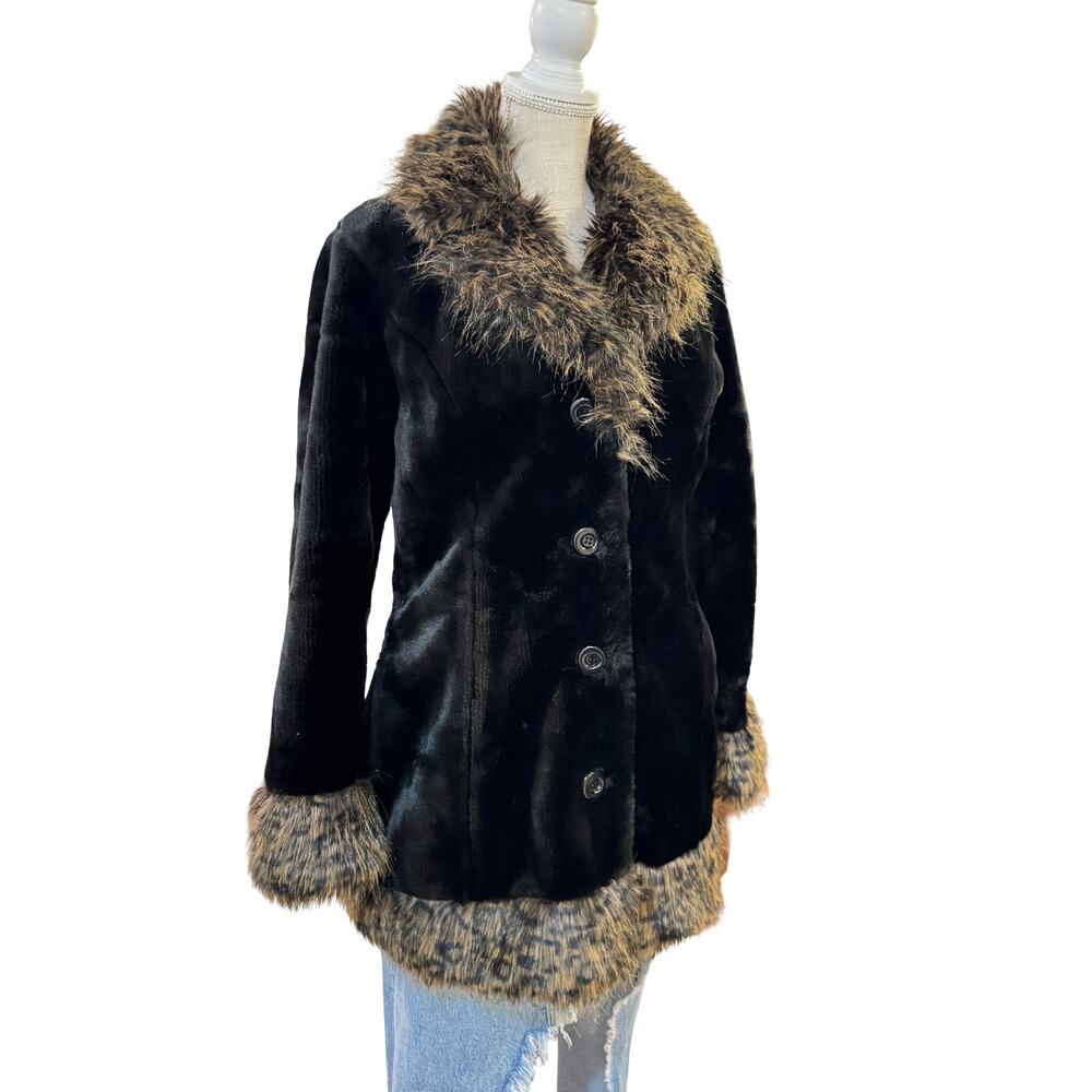 Giacca Reversible Faux Fur & Faux Leather Hooded Mid-Length Jacket Medium‎